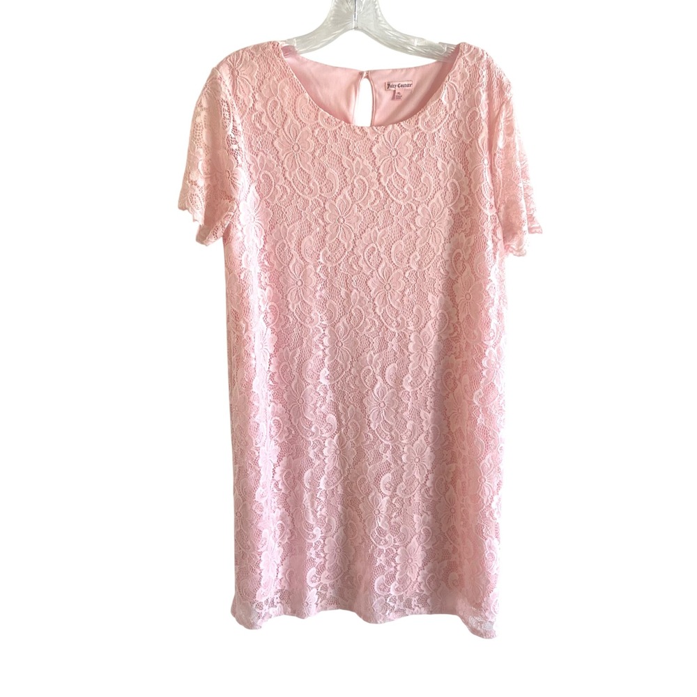 Juicy Couture Pink Floral Lace Shift Dress Short Sleeve XL Keyhole Back Mini